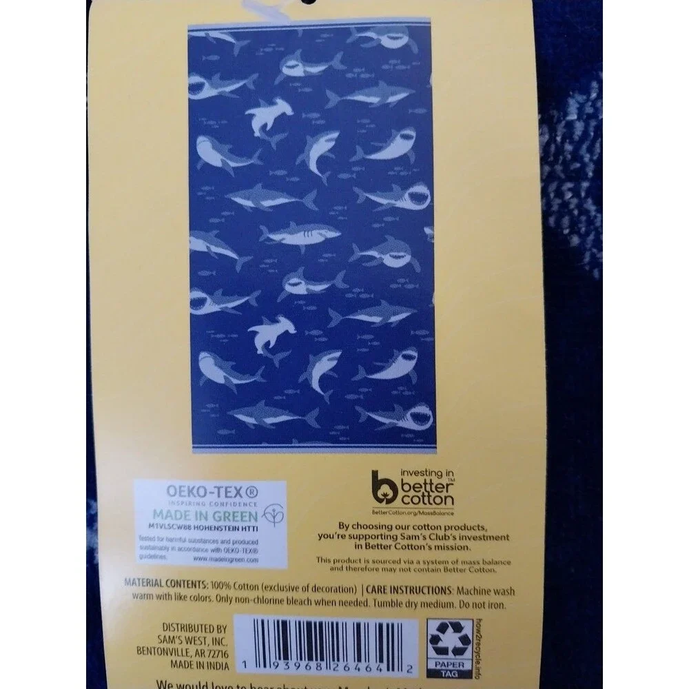 Member's Mark Kids Beach Towel Shark Pattern 30 X 60 Inches 100% Cotton Navy